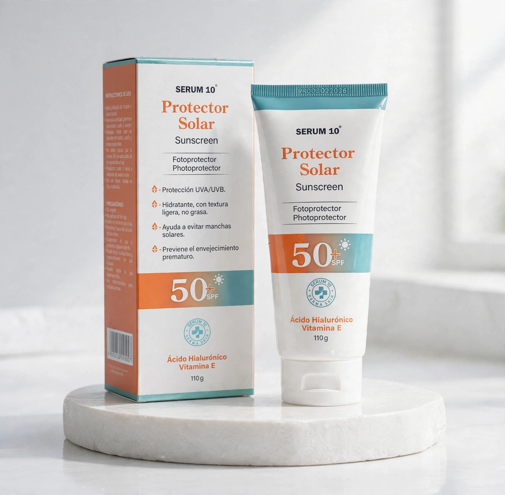 Sérum Protector Solar SPF 50+ con Vitamina E y Ácido Hialurónico